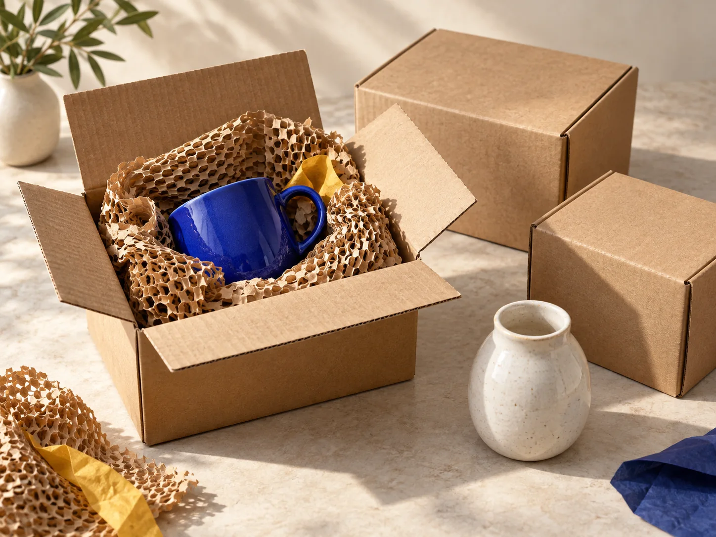 Ceramic goods and kraft cartons prepared for parcel shipping