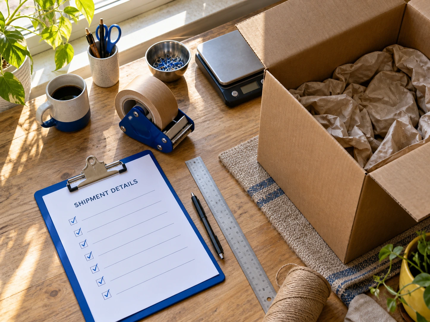 Illustrative packing desk with a carton, weighing scale and shipment checklist